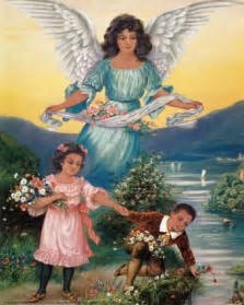 Angel standing over two children